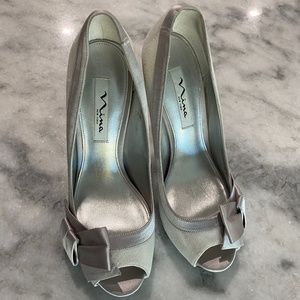 Silver peep toe heels